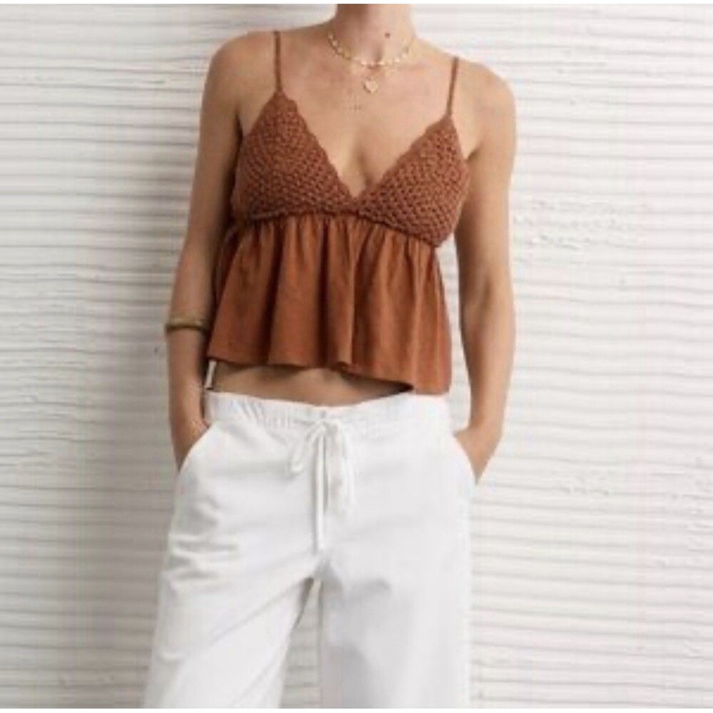 NWT American Eagle Sunchaser Knit Crochet Cami Boho Fairy Cottage Brown XL